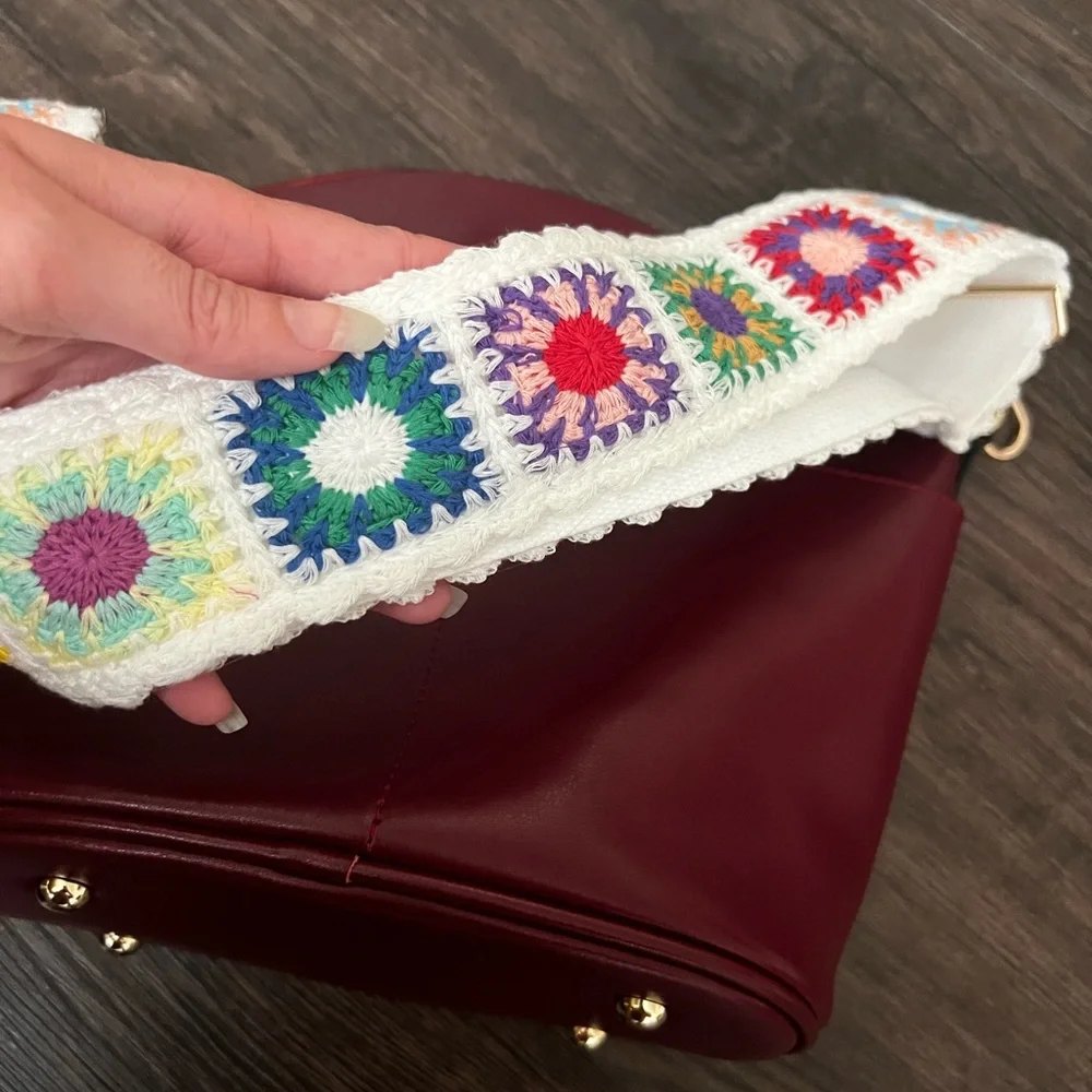 Maroon Bucket Bag Purse w Colorful Wide Crossbody Adjustable Strap